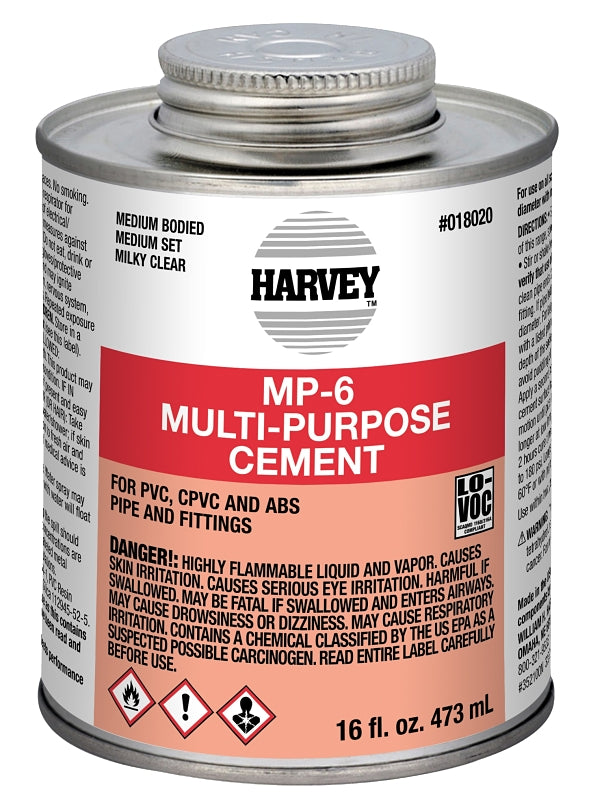 Harvey 018020-12 Solvent Cement, 16 oz Can, Liquid, Milky Clear