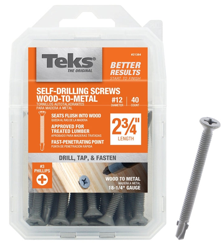 Teks 21384 Screw, #12 Thread, 2-3/4 in L, Coarse Thread, Flat Head, Phillips Drive, Self-Drilling, Self-Tapping Point