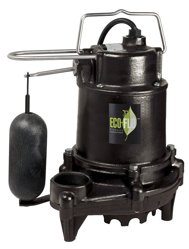 Eco-Flo EFSA33 Sump Pump, 6.5 A, 115 V, 1/3 hp, 1-1/2 in Outlet, 20 ft Max Head, 3160 gph, Cast Iron/Thermoplastic