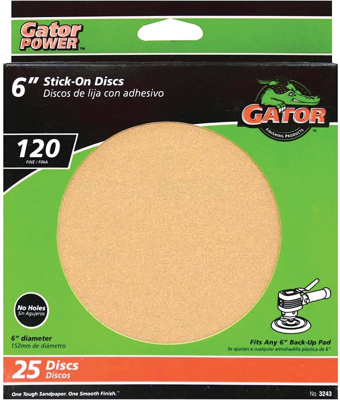 Gator 3243 Sanding Disc, 6 in Dia, Coated, 120 Grit, Fine, Aluminum Oxide Abrasive, Paper Backing