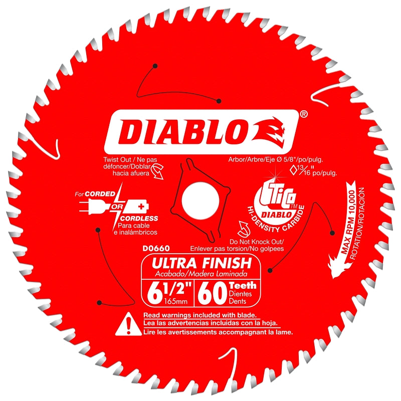 Diablo D0660A Circular Saw Blade, 6-1/2 in Dia, 5/8 in Arbor, 60-Teeth, Carbide Cutting Edge