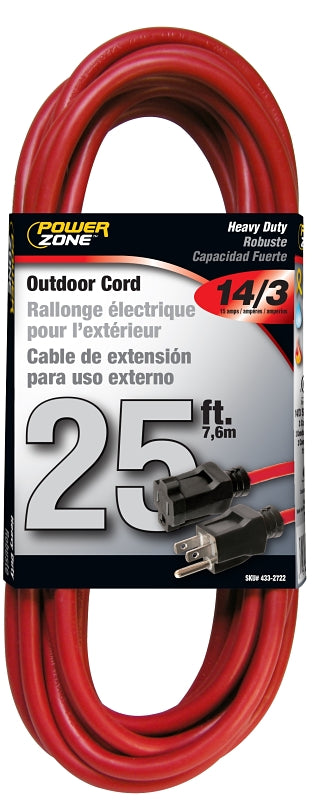 PowerZone OR514725/506725 Extension Cord, 14 AWG Cable, 25 ft L, 125 V, Red