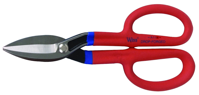 Crescent Wiss A11N Tinner Snip, 9-3/4 in OAL, Curved, Straight Cut, Steel Blade, Cushion-Grip Handle, Red Handle