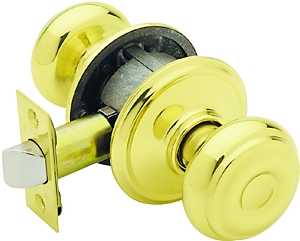 Schlage Georgian Series F10 GEO 605 Passage Knob, Metal, Bright Brass, 2-3/8, 2-3/4 in Backset, 1.63 x 2.25 in Strike