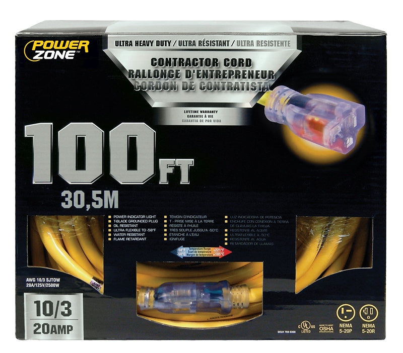 PowerZone Contractor Cord, 10 AWG Cable, 100 ft L, 20 A, 125 V, Yellow