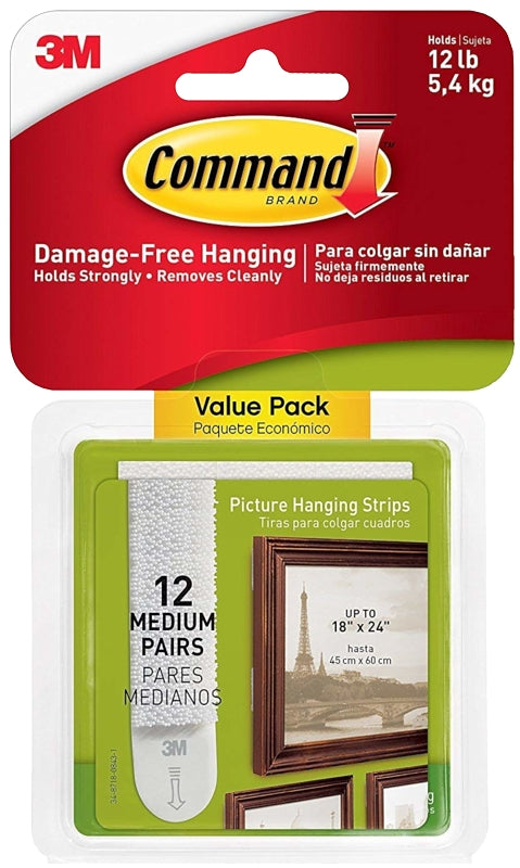 Command 17204-12ES Medium Picture Hanging Strip, 3/4 in W, 2-3/4 in L, Foam Backing, White, 3 lb