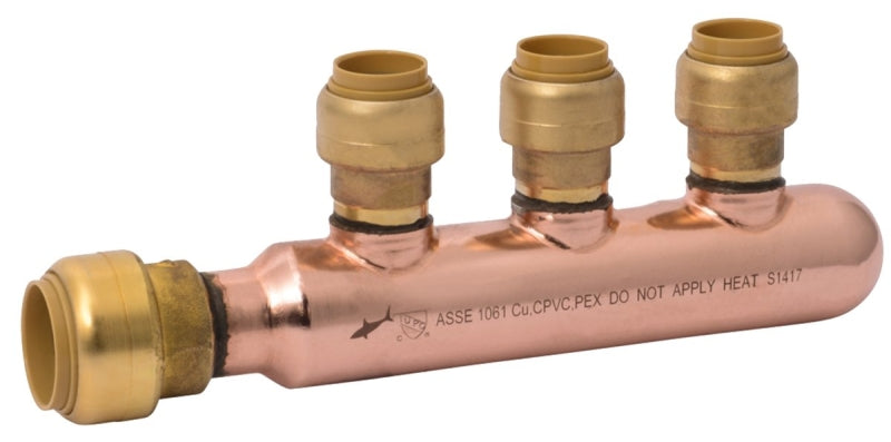 SharkBite 25553LF Closed Multi-Port Manifold Tee, 6.97 in OAL, 3/4 in Inlet, 3-Outlet, 1/2 in Outlet, DZR Brass