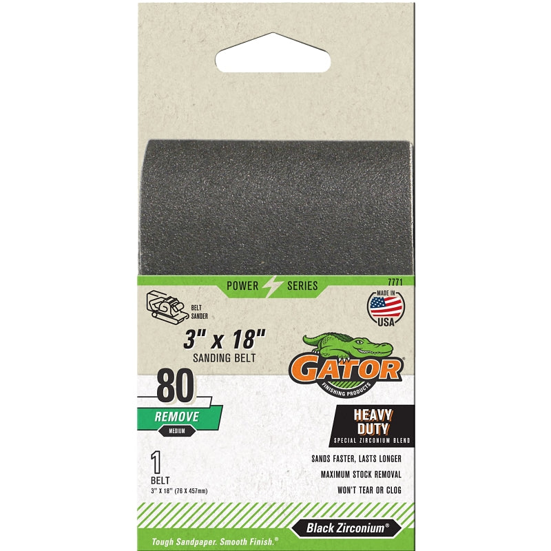 Gator 7771 Sanding Belt, 3 in W, 18 in L, 80 Grit, Medium, Zirconium Oxide Abrasive