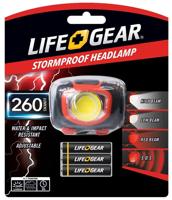 Life+Gear 41-3765 Headlamp, AAA Battery, Alkaline Battery, LED Lamp, 260, 3 hr Run Time, Black/Red