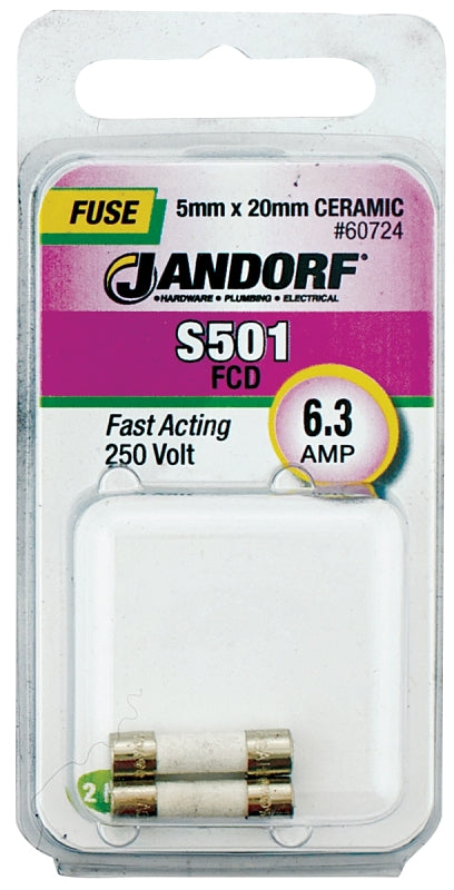 Jandorf 60724 Fast Acting Fuse, 6.3 A, 250 V, 1500 A Interrupt, Ceramic Body