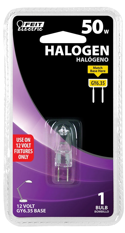 Feit Electric BPQ50T4 Halogen Bulb, 50 W, Candelabra GY6.35 Lamp Base, JC T4 Lamp, 3000 K Color Temp