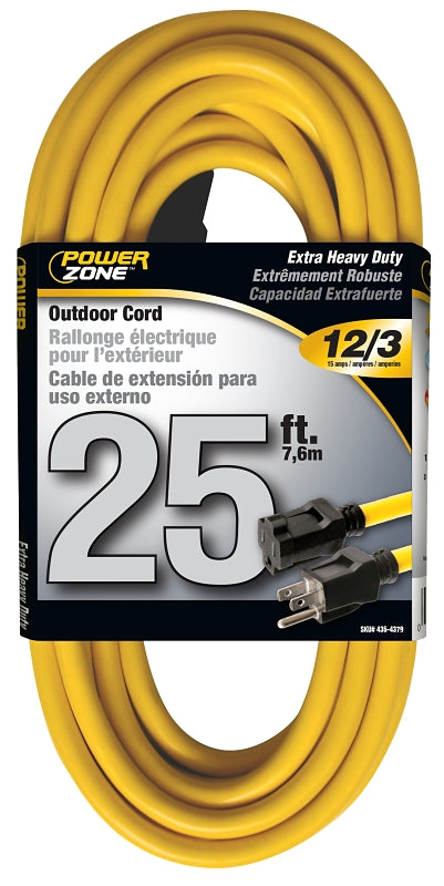 PowerZone OR500825 Extension Cord, 12 AWG Cable, 25 ft L, 125 V, Yellow