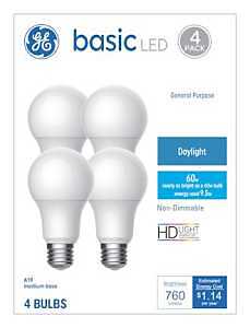 GE Industrial Solutions 37004 LED Bulb, General Purpose, A19 Lamp, 60 W Equivalent, E26 Lamp Base, Daylight Light