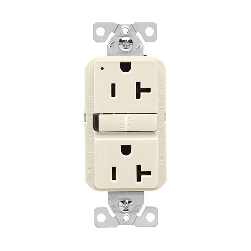 Eaton GF20LA GFCI Receptacle, 125 V, 20 A, NEMA: NEMA 5-20R, Back, Side Wiring, Light Almond