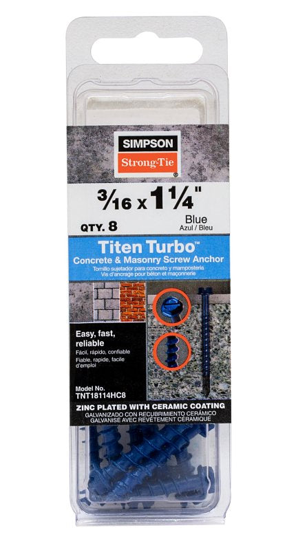 Simpson Strong-Tie Titen Turbo TNT18114HC8 Screw Anchor, 3/16 in Dia, 1-1/4 in L, Carbon Steel, Ceramic-Coated/Zinc