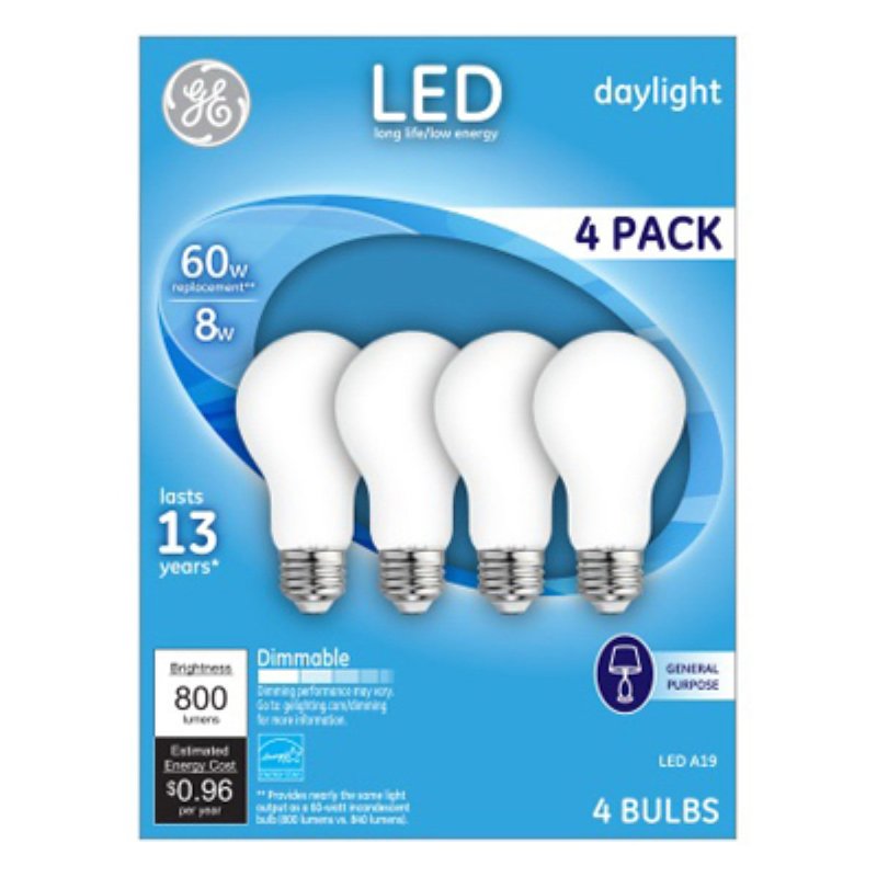 GE Industrial Solutions 93098314 LED Bulb, General Purpose, A19 Lamp, 60 W Equivalent, Medium Lamp Base, Dimmable