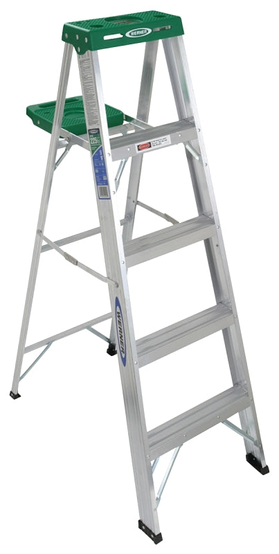 WERNER 355 Step Ladder, 5 ft, 4-Step, 225 lb, Type II Duty Rating, 3 in D Step, Aluminum, Green