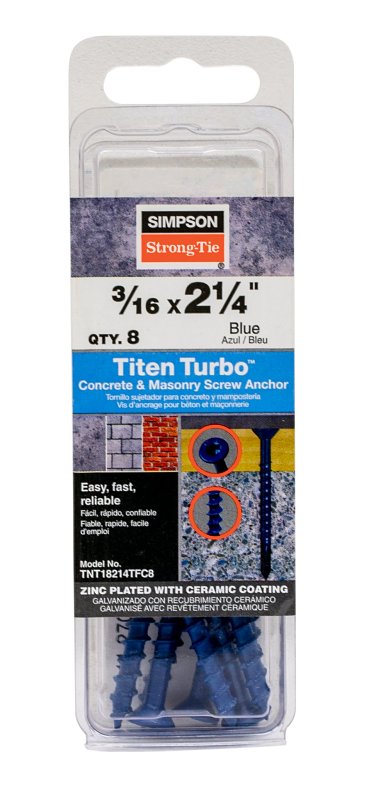 Simpson Strong-Tie Titen Turbo TNT18214TFC8 Screw Anchor, 3/16 in Dia, 2-1/4 in L, Carbon Steel, Ceramic-Coated/Zinc