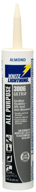 White Lightning W11002010 All Purpose Elastomeric Sealant, Almond, 5 to 7 days Curing, >40 deg F, 10 fl-oz, Cartridge