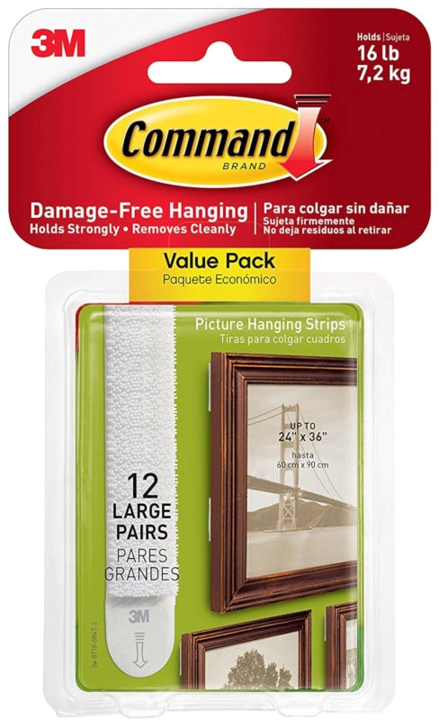 Command 17206-12ES Large Picture Hanging Strip, 3/4 in W, 3-5/8 in L, Foam Backing, White, 4 lb