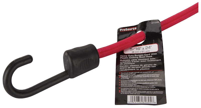 ProSource FH64082 Stretch Cord, 8 mm Dia, 24 in L, Red, Hook End