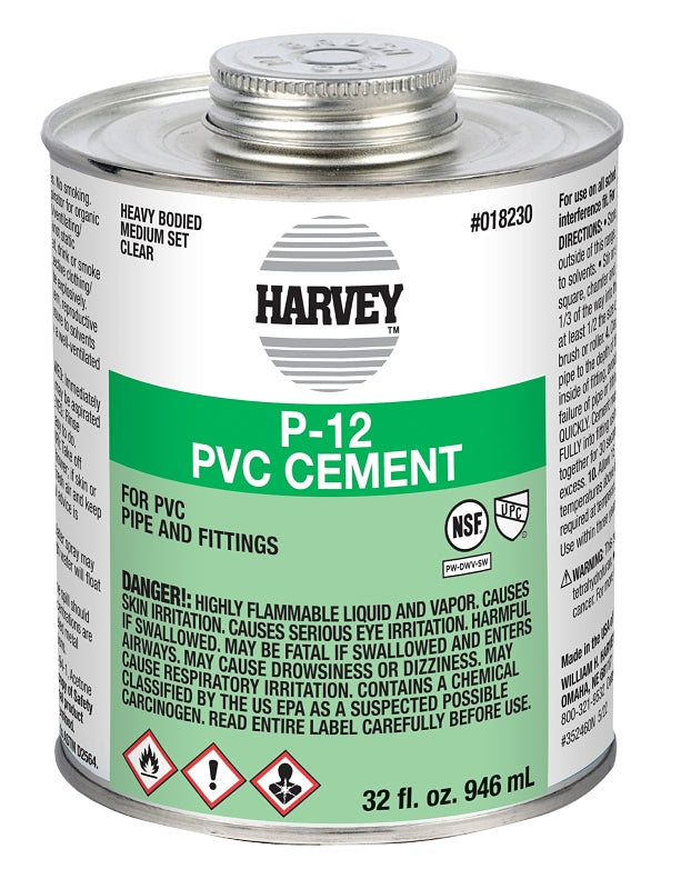 Harvey 18230-12 Solvent Cement, 32 oz Can, Liquid, Clear