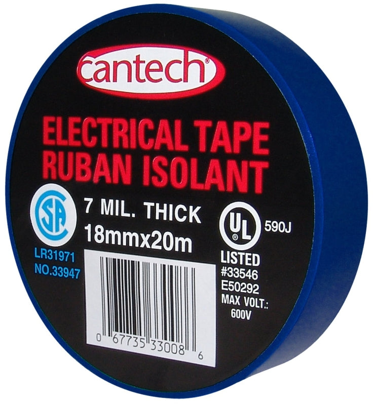 Cantech 330-08 Electrical Tape, 20 m L, 18 mm W, PVC Backing, Blue