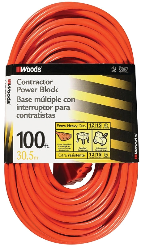 CCI 0820 Extension Cord, 12 AWG Cable, 100 ft L, 15 A, 125 V, Orange