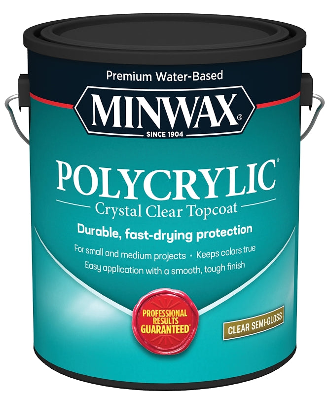 Minwax Polycrylic 14444000 Waterbased Polyurethane, Semi-Gloss, Liquid, Crystal Clear, 1 gal, Can