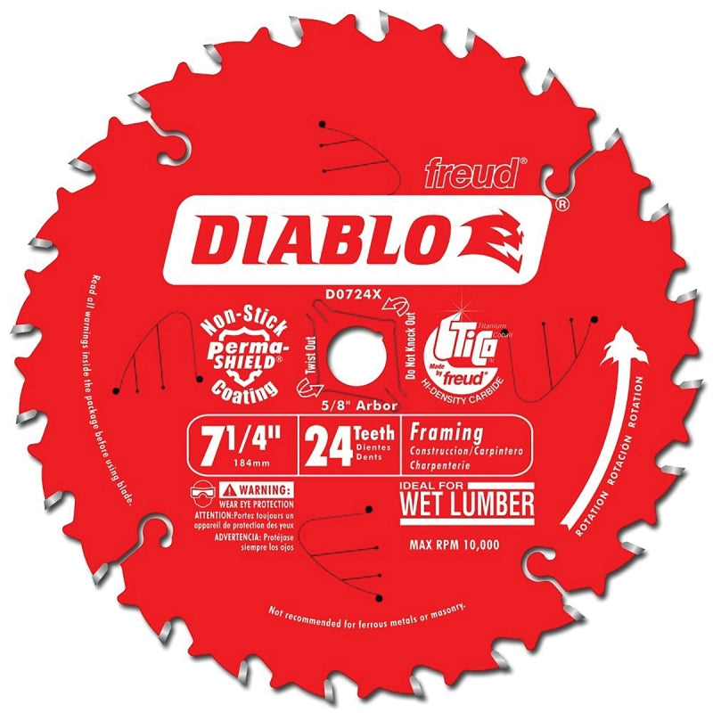 Diablo D0724A Circular Saw Blade, 7-1/4 in Dia, 5/8 in Arbor, 24-Teeth, Carbide Cutting Edge