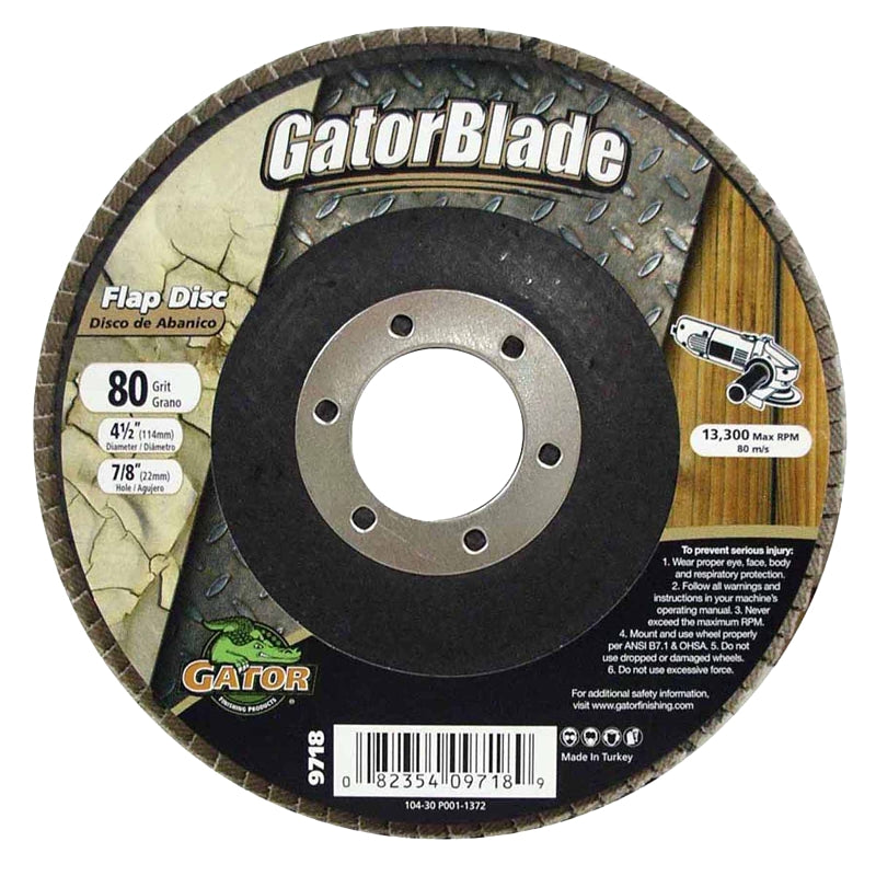 Gator 9718 Abrasive Flap Disc, 4-1/2 in Dia, 80 Grit, Medium, Zirconium Oxide Abrasive, Fiberglass Backing