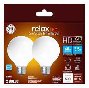 GE Relax Series 31696 Replacement LED Light Bulb, G25 Lamp, 60 W Equivalent, E26 Medium Lamp Base, Dimmable, White