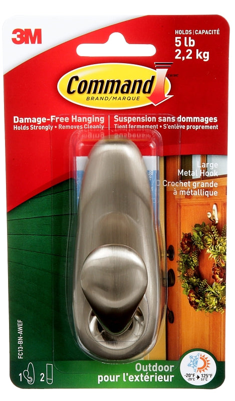 Command FC13-BN-AWEF Hook, 5 lb, 1-Hook, Metal, Brushed Nickel