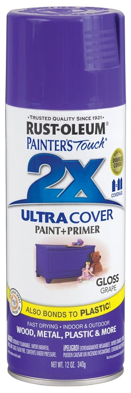 Rust-Oleum Painter's Touch 2X Ultra Cover 334033 Spray Paint, Gloss, Grape, 12 oz, Aerosol Can