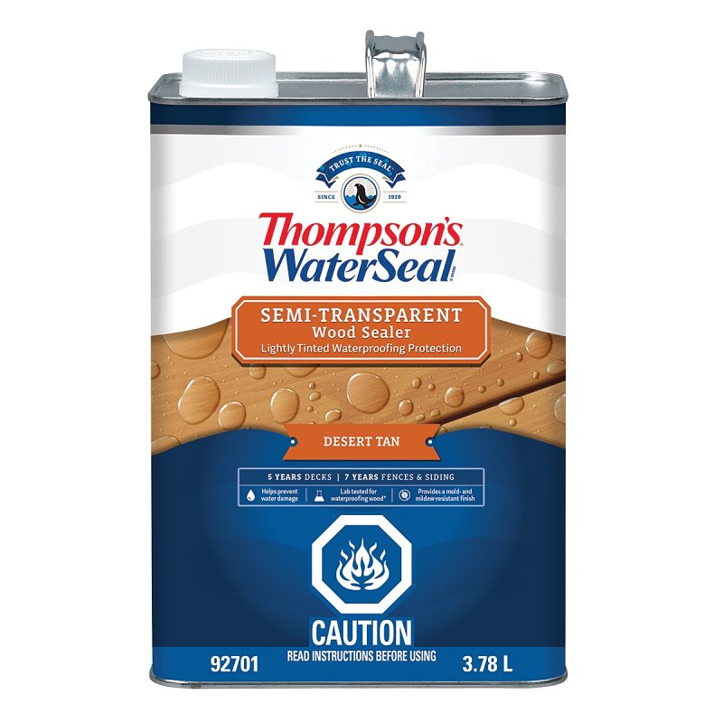 Thompson's WaterSeal THCP92701-16 Wood Sealer, Semi-Transparent, Liquid, Desert Tan, 1 gal, Can