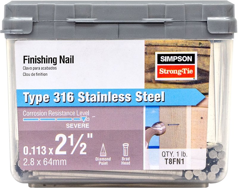 Simpson Strong-Tie T8FN1 Finishing Nail, 8D, 2-1/2 in L, 12 ga Gauge, Stainless Steel, Brad Head, Smooth Shank