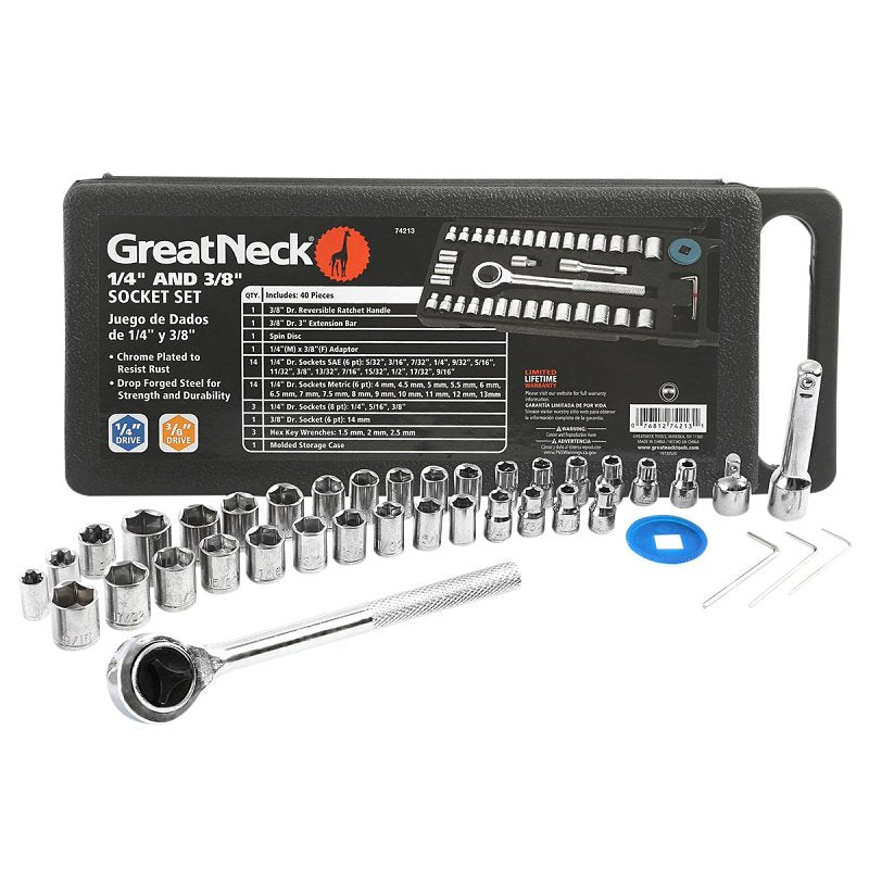 GreatNeck 74213 Ratchet and Socket Set, Steel