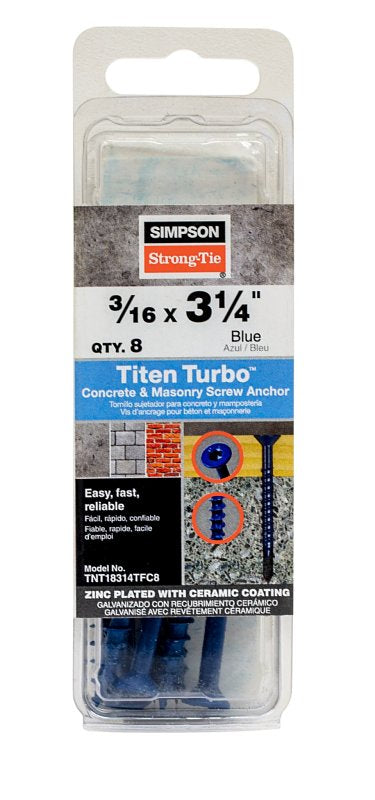 Simpson Strong-Tie Titen Turbo TNT18314TFC8 Screw Anchor, 3/16 in Dia, 3-1/4 in L, Carbon Steel, Zinc Plated