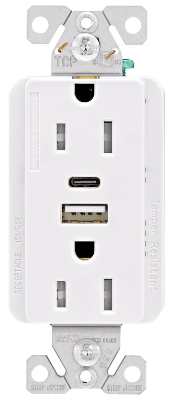 Eaton Cooper Wiring TRUSBAC15 TRUSBAC15W-K-L Receptacle, 2 -Pole, 5 A, 125 VAC, 2 -USB Port, Type A, C USB, White
