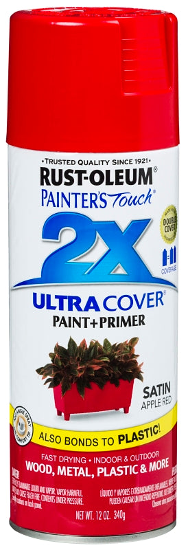 Rust-Oleum Painter's Touch 2X Ultra Cover 334094 Spray Paint, Satin, Apple Red, 12 oz, Aerosol Can