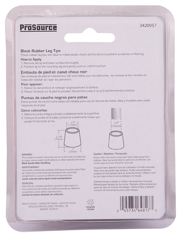 ProSource FE-50632-PS Furniture Leg Tip, Round, Rubber, Black, 1/2 in Dia, 1-1/8 in H