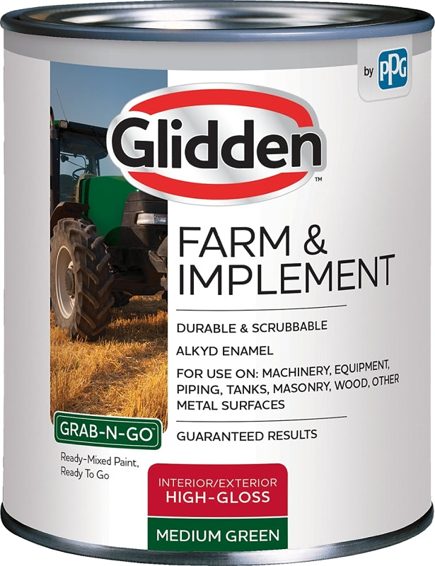 Glidden Grab-N-Go, Farm and Implement GLFIIE50 Series GLFIIE50GR/04 Enamel Paint, High-Gloss Sheen, Medium Green, 4 qt