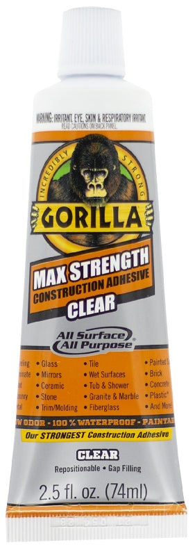 Gorilla 105045 Max Strength Construction Adhesive, Clear, 2.5 fl-oz Tube