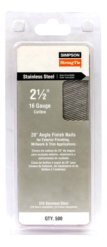 Simpson Strong-Tie T16N250PFB Finishing Nail, 8d, 2-1/2 in L, 16 ga Gauge, Stainless Steel, T-Style Head