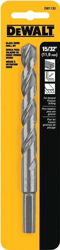 DeWALT DW1130 Jobber Drill Bit, 15/32 in Dia, 5-7/8 in OAL, Parabolic Flute, 15/32 in Dia Shank, Round Shank