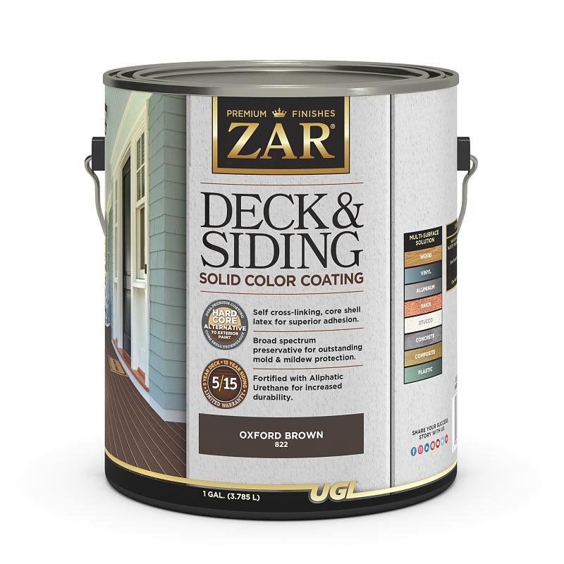 ZAR 82213 Deck and Siding Solid Color Coating, Oxford Brown, Liquid, 1 gal