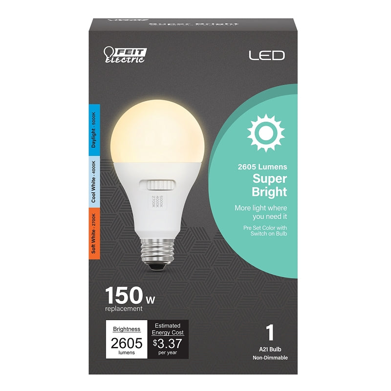 Feit Electric OM150/3CCT/LEDI LED Light Bulb, A21 Lamp, 150 W Equivalent, E26 Lamp Base, Non-Dimmable