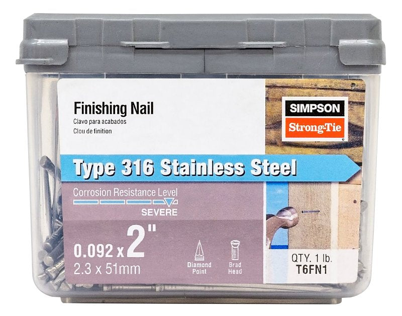 Simpson Strong-Tie T6FN1 Finishing Nail, 6D, 2 in L, 13 ga Gauge, Stainless Steel, Brad Head, Smooth Shank