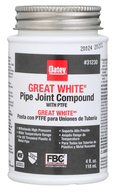 Oatey Great White 31230 Pipe Joint Compound, 4 oz Can, Liquid, Paste, White