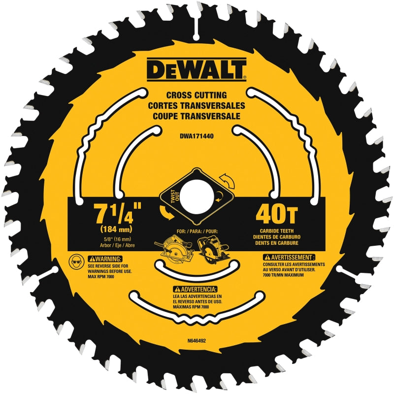 DeWALT DWA171440B10 Circular Saw Blade, 7-1/4 in Dia, 5/8 in Arbor, 40-Teeth, Tungsten Carbide Cutting Edge